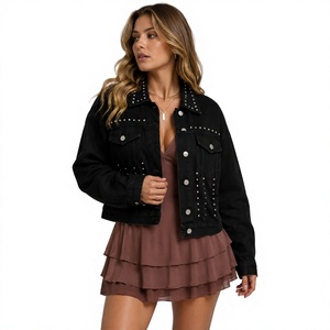 Chaqueta de ante negra para mujer, de ante de vaca auténtico, estilo corto, con remaches, tipo camionero, estilo western, abrigo de moda para mujer - Product Image 1