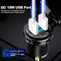 Prise USB double 12V QC3.0 en aluminium bleu avec voltmètre LED et interrupteur pour voiture, bateau, camping-car, moto