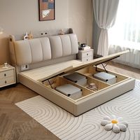 Modernes Cremefarbenes Kingsize-Lederbett mit Schubladen, Weich Gepolstert, Schlafzimmermöbel für das Hauptschlafzimmer – Direkt ab Werk
