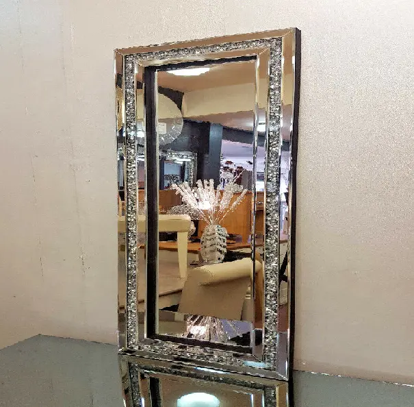 Crushed Diamond Crystal Glass Silver Frame Bevelled Wall Mirror