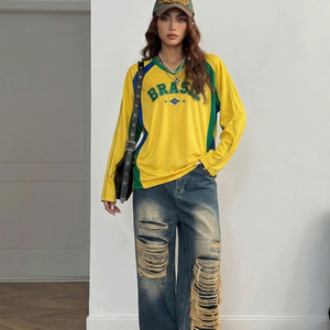 Camiseta de Manga Larga de Brasil de Alta Calidad y Bajo Costo, Estética Y2K, Ropa Urbana, Jersey de Fútbol Brasileño para Venta al Por Mayor con Logotipo Personalizado - Product Image 2