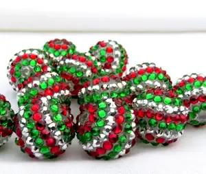 Christmas Color Green Red Chunky Resin Rhinestone Beads Striped Bubblegum Ball Beads For DIY Kids Necklace Christmas Jewelry