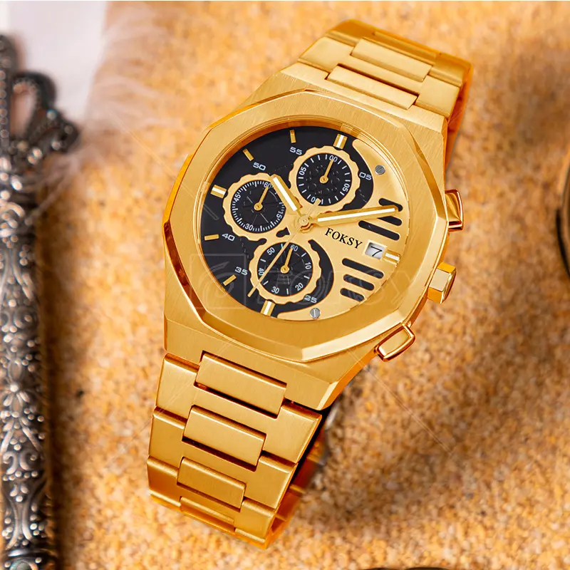 High Quality Gold Plated Genuine Leather Strap Fashion Stainless Steel Wrist Luxury Square Men Quartz Chronograph Watch