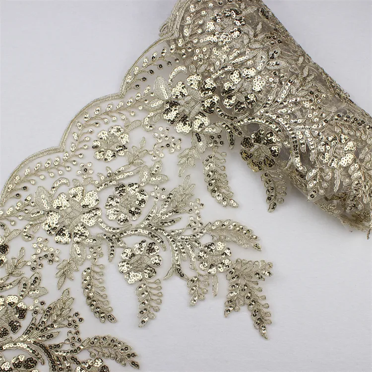 High Quality French Guipure China Wholesale Black Gold Milk Silk Bridal Lace Trim Fabric Embroidery For Dress