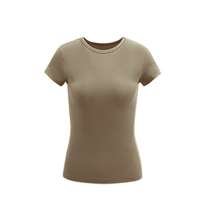 T-<span class=keywords><strong>shirt</strong></span> <span class=keywords><strong>femme</strong></span> personnalisé à col rond, coupe droite, en mélange de coton côtelé, couleur <span class=keywords><strong>kaki</strong></span> unie, manches courtes, idéal pour l'été, à prix abordable - Product Image 1