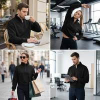 Sweat-shirt unisexe noir à col montant et demi-zip, style streetwear, avec logo personnalisé, en tissu épais