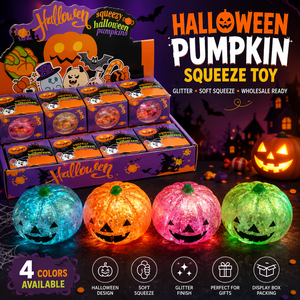 Caja Misteriosa de Halloween: Juguete Blandito de Calabaza Relleno de Purpurina, Jack-o'-lantern de Rebote Lento, Juguete Antiestrés para Niños - Product Image 1