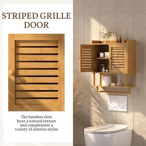 Bathroom Wall Cabinet Bamboo Medicine Cabinet with Double Doors 3 Tier Adjustable <b>Shelf</b> for <b>Kitchen</b> Bedroom Living Room - Product Image 4