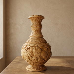 Vase en bois sculpté artisanal écologique avec motif de dragon, sculpture ovale, objet de collection, décoration autoportante, Rajasthan - Product Image 2