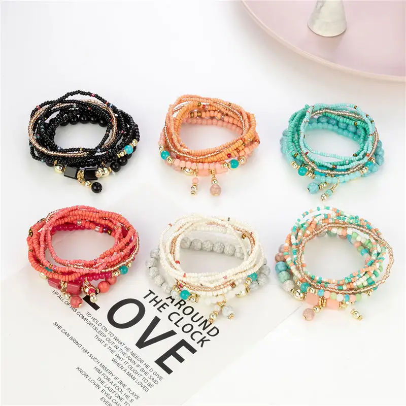 Cheap Small Beads Stretch Boho Bracelets For Women Jewelry Set Colorful Multilayer Rice Beaded Bracelets Artesanal 2022