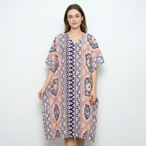 Vestido Maxi Kaftan 100% Hecho a Mano en Algodón para Mujer, Cuello en V, Sin Mangas, Estampado Floral, Ecológico, Silueta Ajustada, Casual - Product Image 1