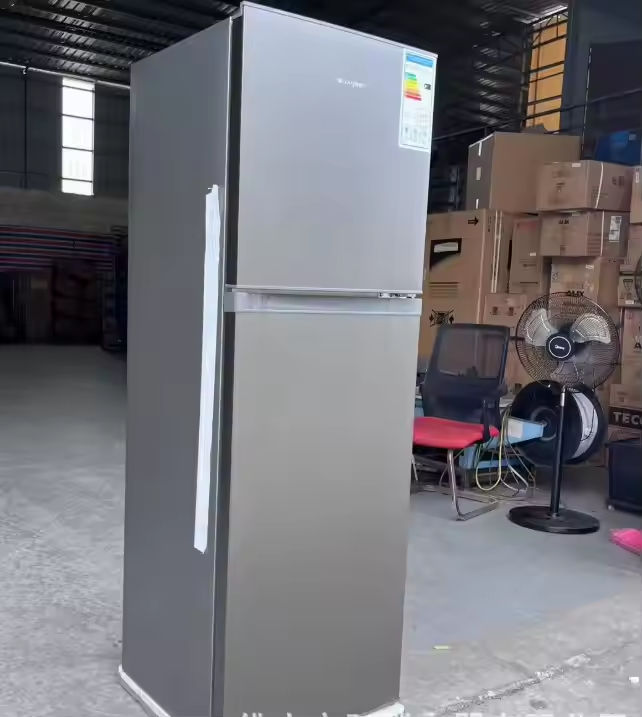 261L double-door stainless steel refrigerator with bottom freezer, suitable for home and hotel use, electric compressor cooling.