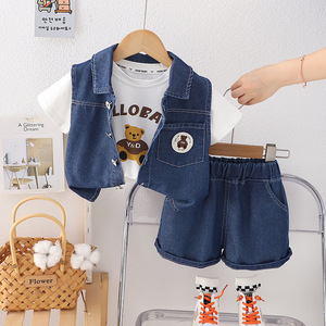 Conjunto de Ropa de Verano 2025 para Niños, Pantalones Cortos de Manga Corta, <span class=keywords><strong>Chaleco</strong></span> <span class=keywords><strong>Vaquero</strong></span> para Niños y Niñas, Traje de Tres Piezas, Jeans Elegantes al por Mayor - Product Image 3