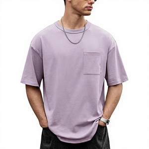 Camiseta de Hombre al por Mayor, 100% Algodón, Tejido Interlock, 240 GSM, Hombros Caídos, con Bolsillo en el Pecho, Fabricación OEM, Logotipo Personalizado - Product Image 3