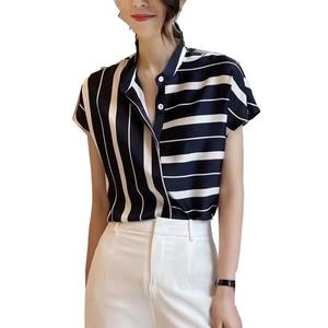 Camisa de Verano para Mujer, Casual, sin Cuello, Nueva Moda, Transpirable, con Botones, de Poliéster, Retro, con Rayas Irregulares, Manga Corta, Venta al Por Mayor - Product Image 6