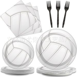 Ensemble de vaisselle jetable à thème volleyball (assiettes, serviettes, fourchettes) 40-60 pièces pour fête d'anniversaire, vaisselle de table ronde découpée, respectueuse de l'environnement - Product Image 1