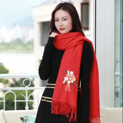 Autumn And Winter Women'S Fashion Knitted Embroidered Long Shawl Luxury Cotton Flower Butterfly Pattern Fringed Scarf