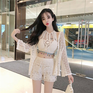Ensemble de <span class=keywords><strong>plage</strong></span> blanc 2 pièces 2022, micro <span class=keywords><strong>string</strong></span> fait main, haut court noir ajouré fait main, robe crochet et bikini - Product Image 5