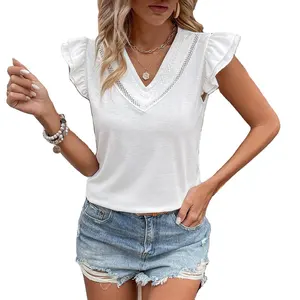 Fashion Design Ruffles Short Sleeve Embroidery V Neck Cotton Women's Blouse for Summer