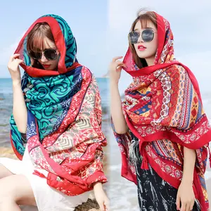 Syal sutra perjalanan gaya etnis katun dan Linen syal tabir surya syal besar wanita syal pantai pantai bermotif selendang