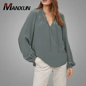 Модная летняя однотонная окрашенная рубашка в современном дизайне, Женская свободная шелковая рубашка с длинным рукавом и V-образным вырезом, блузка, топы