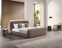 Cama de Tela Estilo Italiano Fendi, Cama de Punto a Rayas Blancas y Negras, Cama de Terciopelo de Alta Gama para Villa, Cama Doble de Madera Maciza