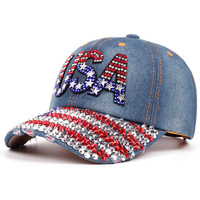 Casquette de baseball en jean avec drapeau américain et strass, effet vieilli, pour adultes