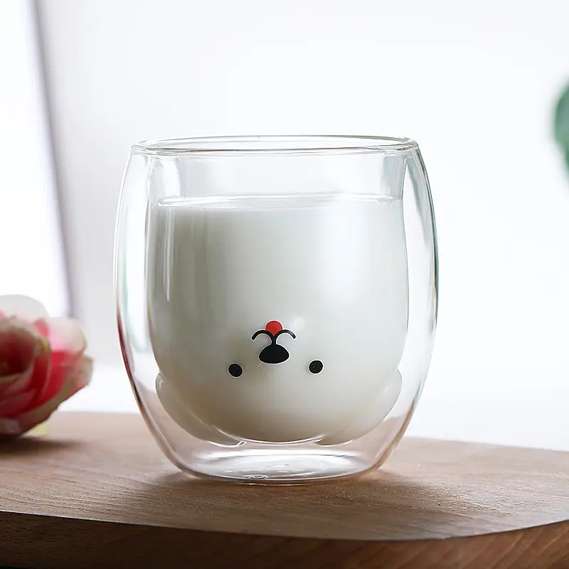 Factory direct supply cartoon animal double wall glass coffee cups transparent glass drinking cup