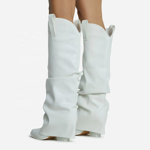 Custom Slouched Denim Cowboy <b>Boots</b> Overlay Women's Slip-on Point Toe Knee High Booties Blue High Chunky Heel Size 43 - Product Image 6