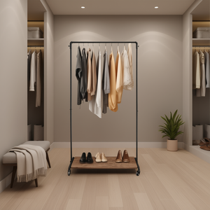 Porte-vêtements métallique Parisloft avec étagère en bois, style industriel, roulettes verrouillables, un seul niveau - Product Image 2