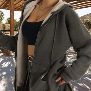 Sweat à capuche zippé personnalisé avec logo, 100 % coton, 450 g/m², coupe droite, épaules tombantes, imprimé, épais, pour l'hiver - Product Image 2