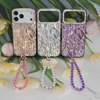 Coque de téléphone à effet vague scintillante avec cadre en strass et cordon perlé pour iPhone 11 12 13 14 15 16 17 Pro Max Samsung Redmi OPPO