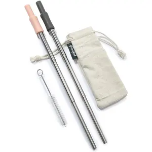 Reusable collapsible Stainless Steel Straw Set with cotton bag and Removable Silicone Tips telescopic Drinking metal Tube