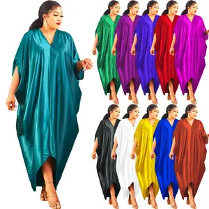 YQY02115 Traditionelle Kleidung Sommer einfarbig tief V locker langes Kleid Abaya Frauen muslimisches Kleid islamische Jalabiya für Frauen