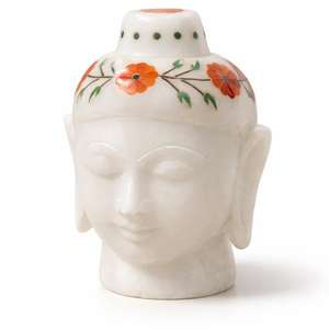 Cabeza de Buda Pintada a Mano, Decoración de Piedra con Diseño Floral, Escultura Artesanal de Mármol Blanco para Decoración del Hogar, Sala de Meditación - Product Image 1