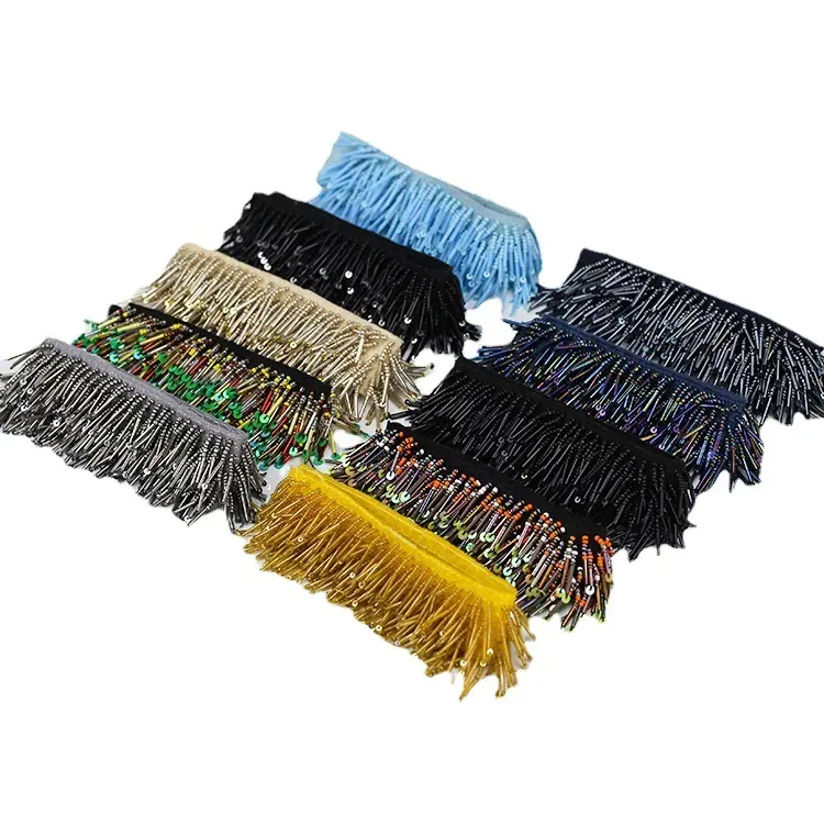 Wholesale multi-color heavy industry hanging beads six rows of handmade beaded fringed lace Home accessories