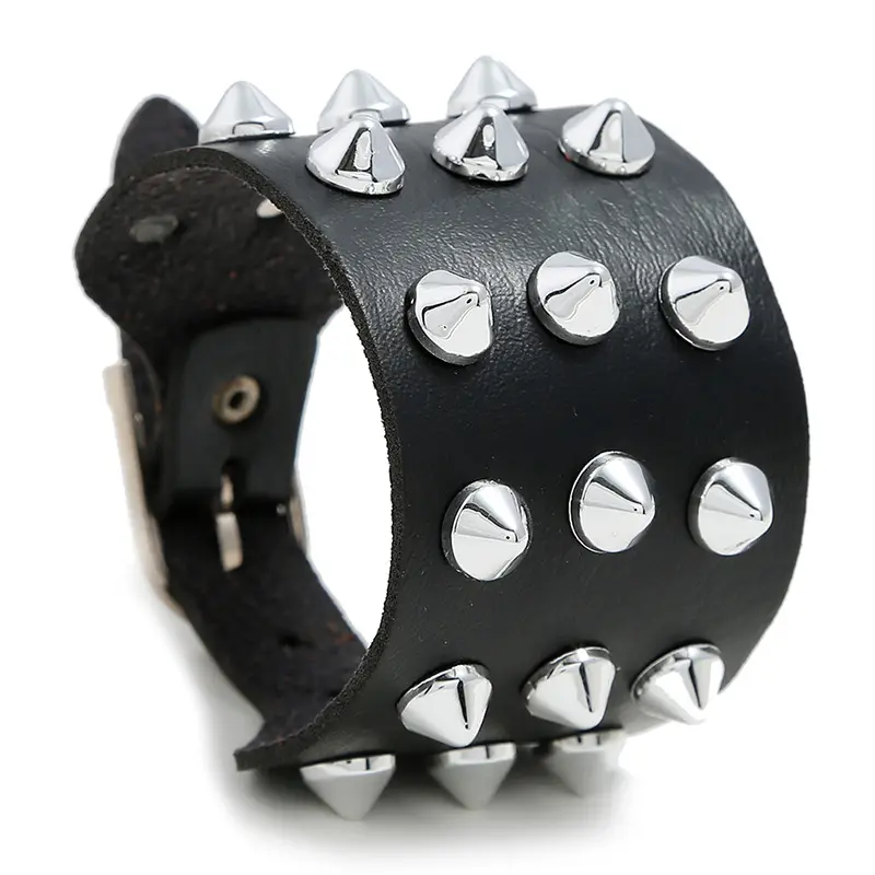 Wholesale Rockstud Three Row Cuspidal Studded Punk Rock Wide Leather Bracelet Gothic Stud Pyramid Spike Bracelet