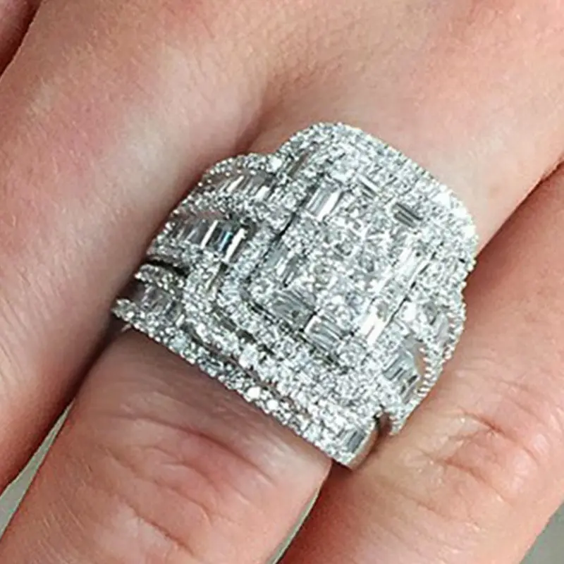 Anillo de boda de diamante de circonia cúbica para mujer, conjunto de anillos
