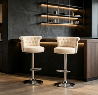 Tabouret de bar moderne et contemporain en velours avec base réglable en chrome noir pour hôtels et salles à manger