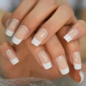 Nude adesivo para unhas, manicure quadrada, natural, de tamanho médio, branco, com cola