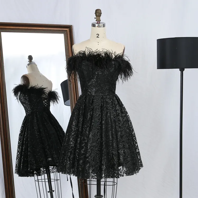 Black off shoulder lace up back glitter sparkle fabric feather puffy short evening dresses with fur
