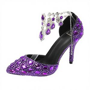 Women's Summer 7cm <b>High</b> <b>Heels</b> Shoes Thin <b>Heels</b> Crystal Diamond Chain Comfortable <b>Closed</b> <b>Toe</b> Bridal Shoes Slip-On Design - Product Image 2