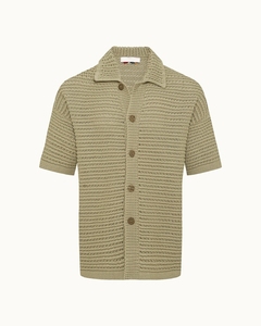 남자의 오픈 직조 니트 셔츠 반소매 린넨 혼방 버튼 업 캠프 칼라 크로 셰 뜨개질 스타일 최고 카키 - Product Image 5