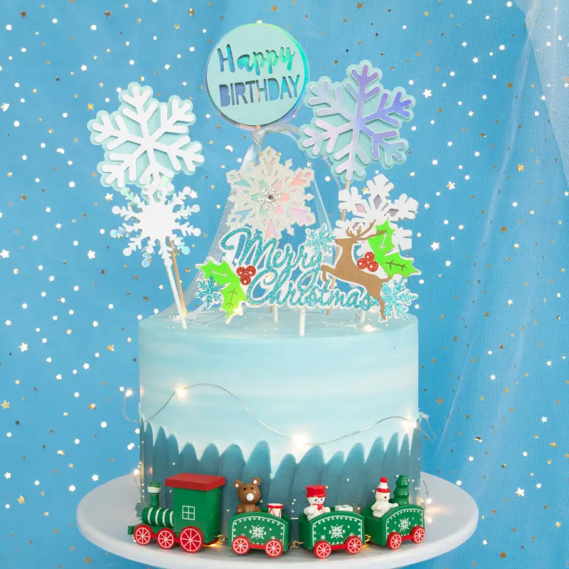 Ychon 크리스마스 생일 케이크 엘크 케이크 삽입 눈송이 장식 케이크 토퍼