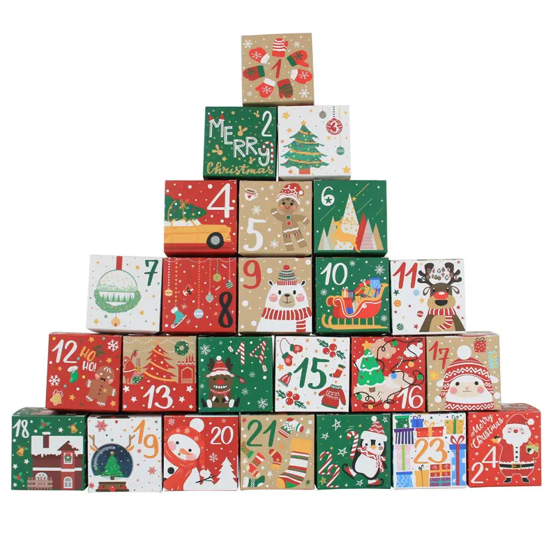 24pcs One Set New Design Christmas Advent Calendar Kraft Paper Box Count Down Gift Box Party Gift Box Supplies