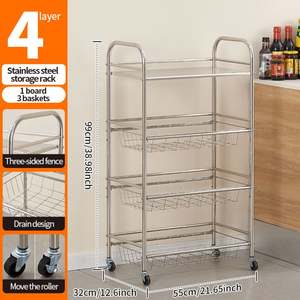 Chariot de cuisine OEM 4 niveaux en acier inoxydable, étagère de rangement mobile en métal pour fruits et légumes, organisateur de cuisine domestique - Product Image 6