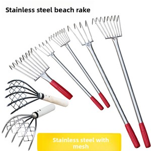 Râteau en acier inoxydable avec manche en bois, argenté/rouge/noir, <span class=keywords><strong>pour</strong></span> la pêche des <span class=keywords><strong>palourdes</strong></span> et des fruits de mer en bord de mer - Product Image 3
