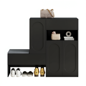 Modern 2-in-1 Black <b>Shoe</b> Cabinet Storage <b>Bench</b> With Arched Design For Living Room Furniture Home Use - Product Image 1