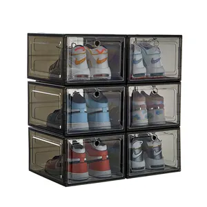 Organizador de zapatos de muestra gratis, caja de almacenamiento de zapatos de plástico apilable transparente, plegable, frontal de gota magnética, acrílica