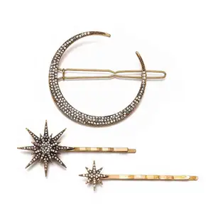 Conjunto de grampos de cabelo premium retrô loiro metal dourado com strass e joias, floco de neve e estrelas, conjunto de 3 peças